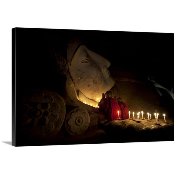 Great BIG Canvas | "Monk boys praying with reclining Buddha, Bagan, Burma" Canvas Wall Art - 36x24