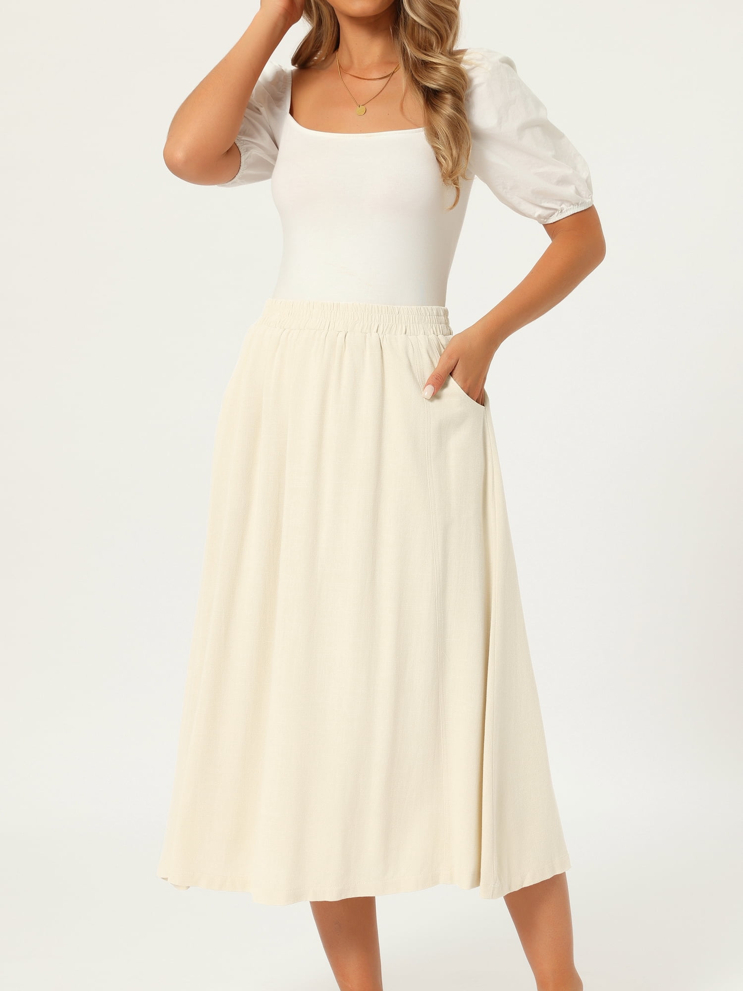 DARING DIVA Women's Flowy High Waist A-Line Midi with Pockets Skirt Medium Beige