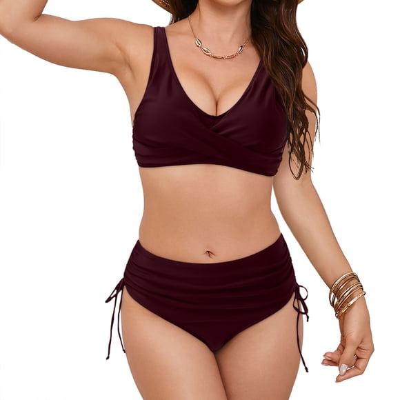 WUANDIXFA Women's Bikini Sets Two Piece Bathing Suit Women High Waisted Bikini Fashion 2026 Swimsuits Vintage Swimsuit Two Piece Retro Ruched High Waist Print Bikini Set Wine,2XL
