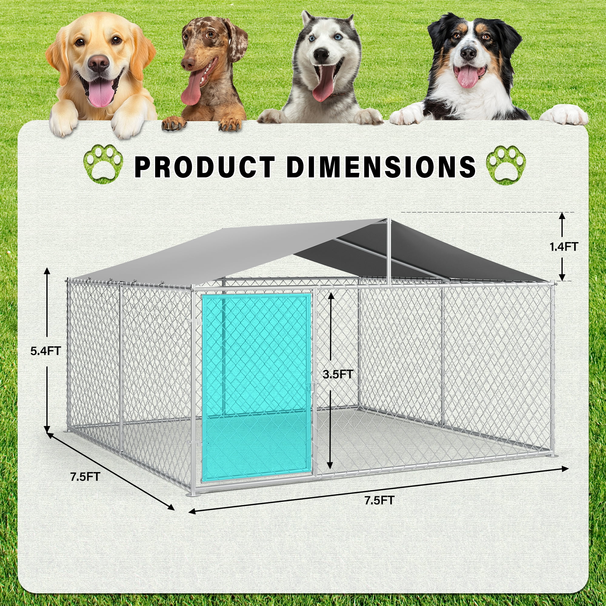 LAUSAINT HOME 7.5' x 7.5' Outdoor Dog Kennel with Roof, Heavy-Duty Steel Dog Cage with Lock for Backyard
