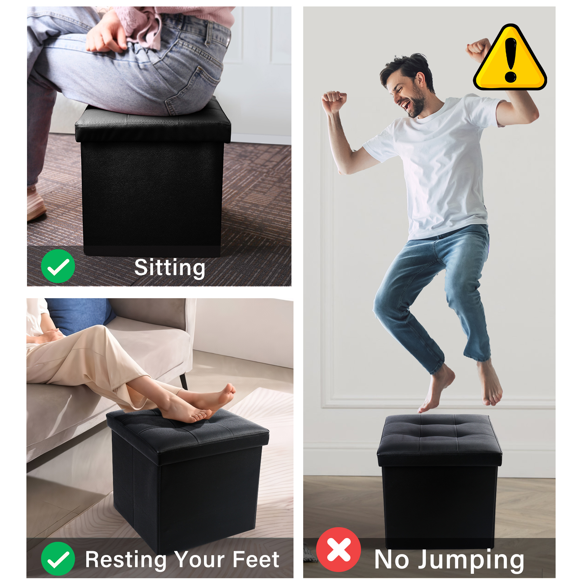 Lotfancy 13" Faux Leather Storage Ottoman Cube, Black photo 5