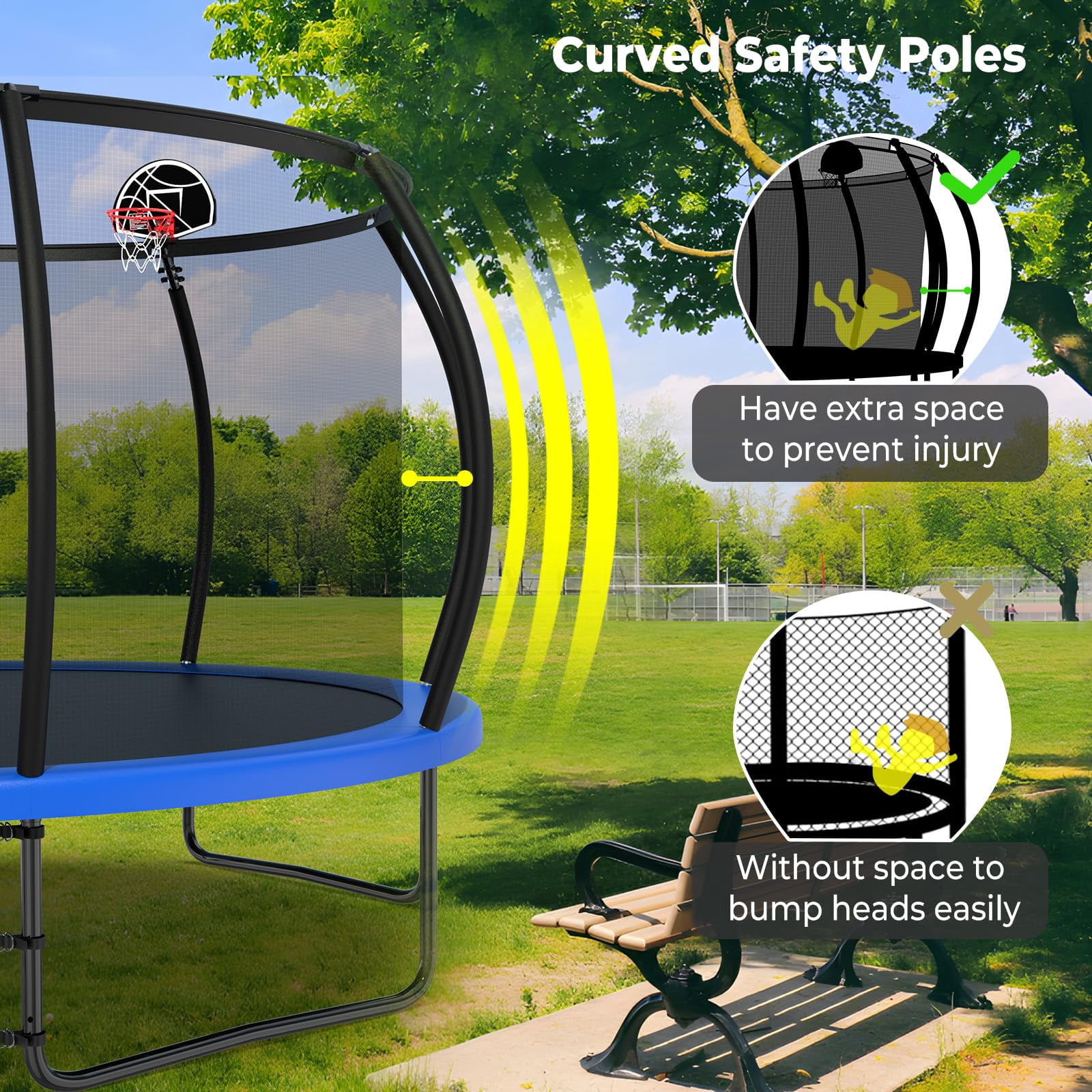 JOYFULIN Trampoline, 12FT Trampoline for 1-2 Adults or 4-5 Kids, 1200LBS Trampoline with Enclosure, Basketball Hoop, Shoes Bags, Galvanized Full Spray Outdoor Recreational Round Trampolines