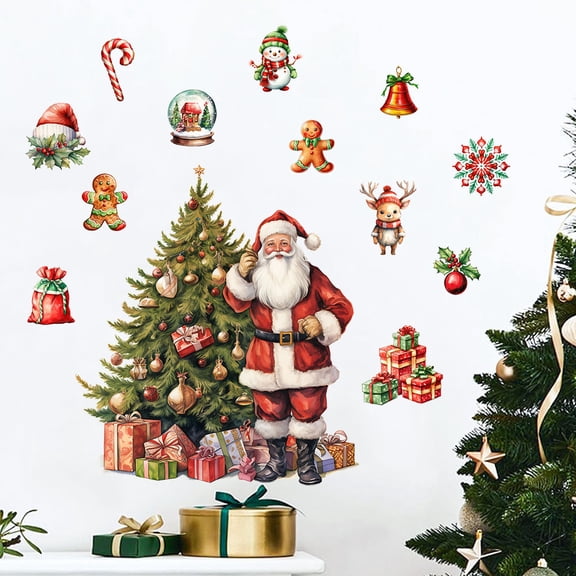 Christmas Decorations Decals Santa Claus Xmas Tree Wall Stickers Self-adhesive Removable Vinyl Peel and Stick Festival Party Decor