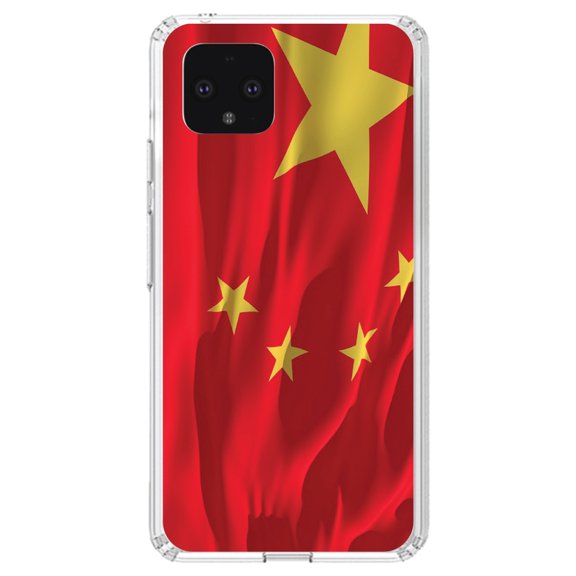 DistinctInk Clear Shockproof Hybrid Case for Google Pixel 4 XL (6.3" Screen) - TPU Bumper, Acrylic Back, Tempered Glass Screen Protector - China Waving Flag Chinese