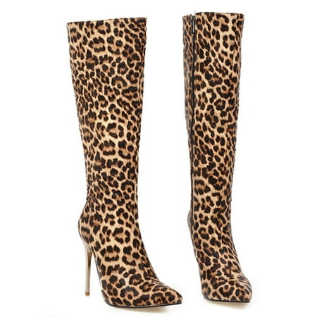 

Women Super High Heel Pointed Shoes Winter Leopard Print Snake Pattern Stilettos Knee-High Sexy Boots