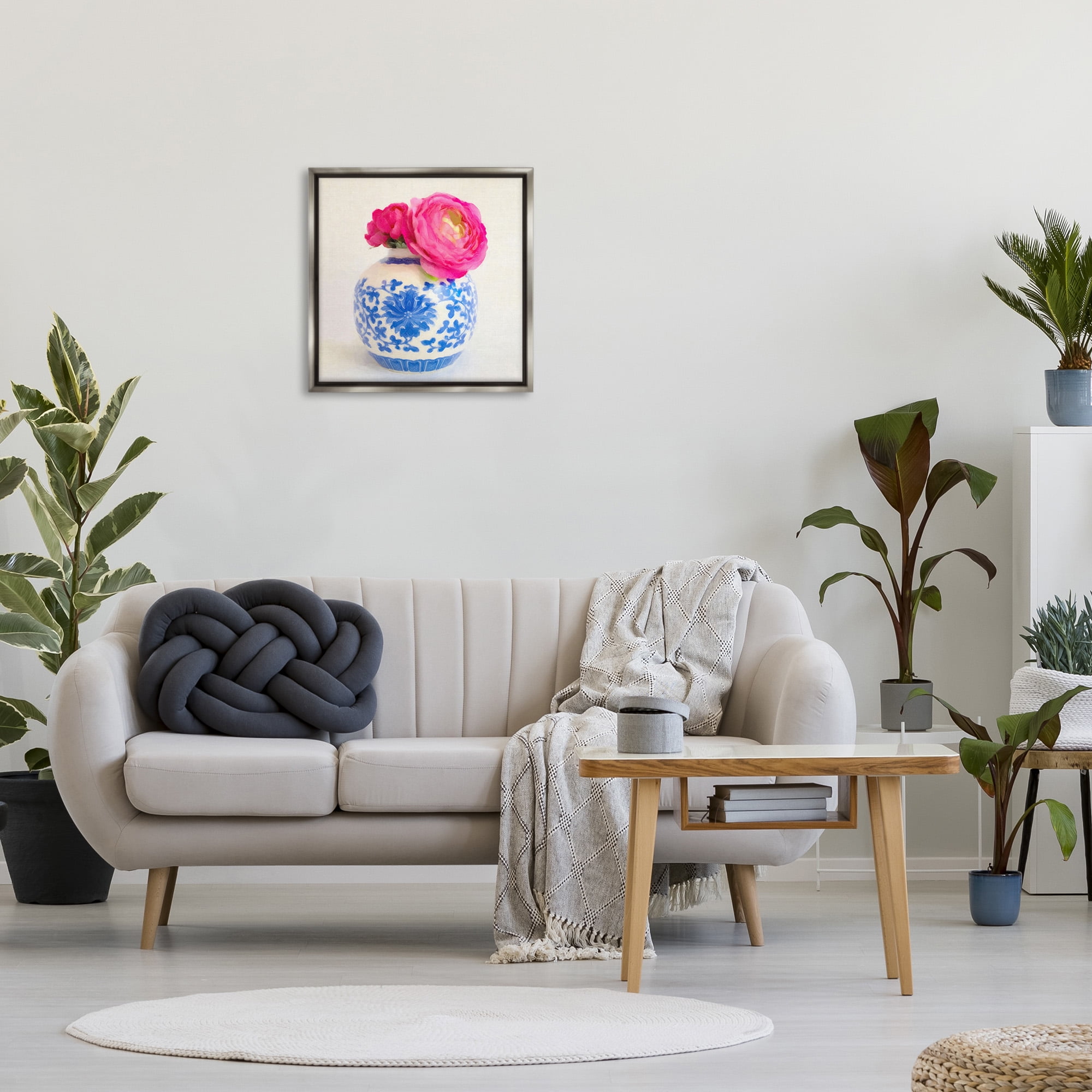 Stupell Industries Pink Bloom & Ornate Vase Botanical & Floral Painting Gray Floater Framed Canvas Art Print Wall Art, 25 x 25