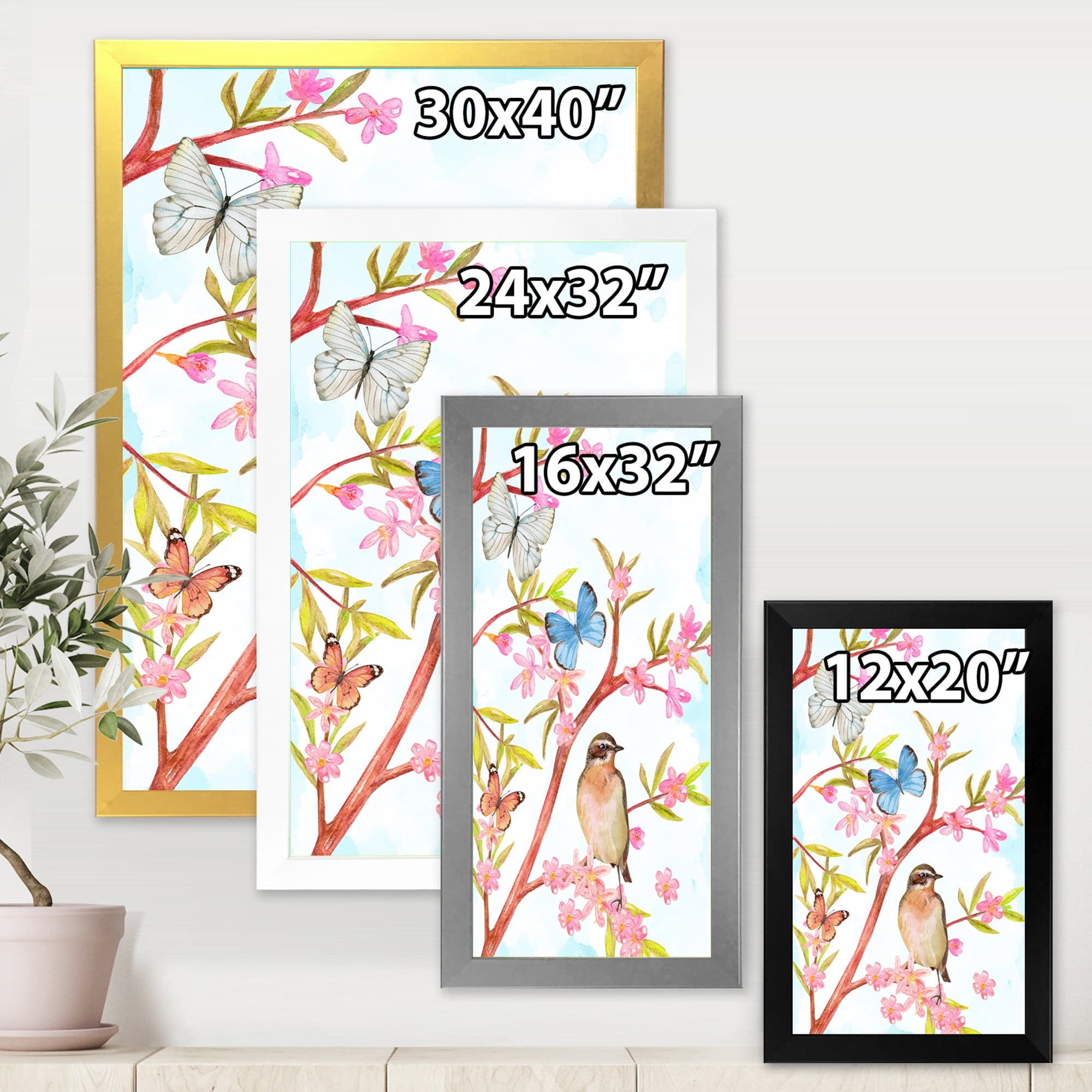 Clever Bird Sitting On Branch of A Spring Tree With Butterflies 30 in x 40 in Framed Painting Canvas Art Print, by Designart