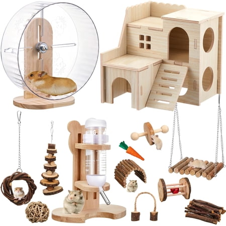 18 Pcs Hamster Toys Set 10 Kinds Small Animal Chewing Toys Maze Wood House Silent Exercise Running Wheels and Water Bottle Set for Hamster Habitat Rat Cage Accessories(Mixed Play Style)