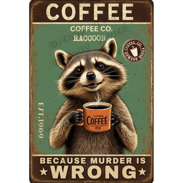 Raccoon Decor Coffee Because Murder is Wrong Retro Aluminum Sign,12x8 inches, Coffee Bar Tin Sign, Funny Wall Decor for Kitchen Cafes Coffee Shop Decor,Sign Gifts