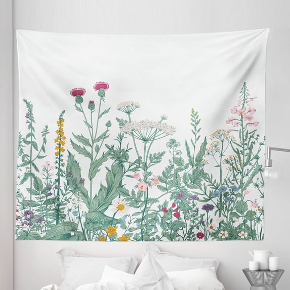 Floral Tapestry, Vanished Colored Messy Wild Herb Medley of Cow Parsley Musk Mallow and Purple Orchid, Fabric Wall Hanging Decor for Bedroom Living Room Dorm, 5 Sizes, Multicolor, by Ambesonne