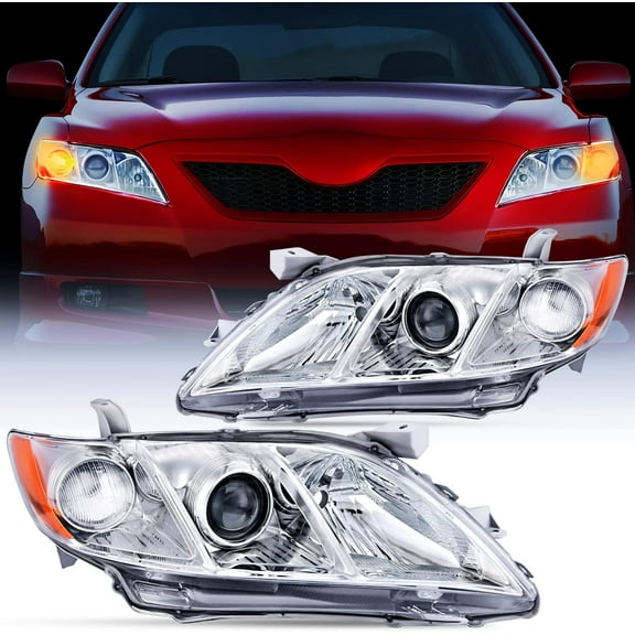 Nilight Headlight Assembly Compatible with 2007 2008 2009 Toyota Camry Headlamps Replacement Chrome Housing Amber Reflector Driver and Passenger Side, 2 Years Warranty