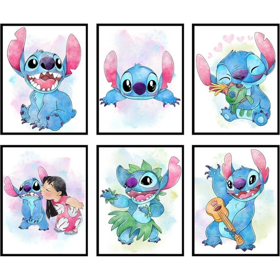 Stitch Poster - Stitch Room Decor For Girls,  Watercolor Art Prints, Pastel  Artwork Set, Wall Art, Posters For Girls Room - Unframed Set of 6 (8x10in)