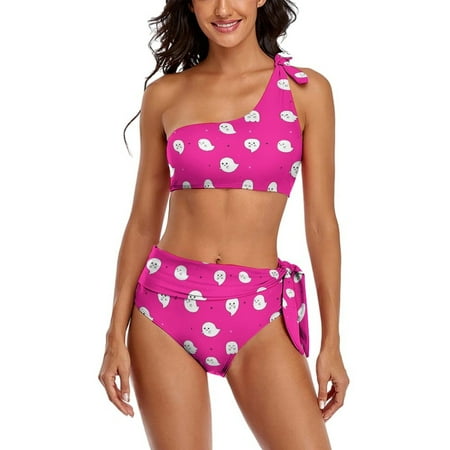Cute Ghosts Halloween Themed Pink Pattern One Shoulder Bowknot Swimsuit Two Piece Swimsuit Knot Crop Top Bikini High Waisted Bathing Suit