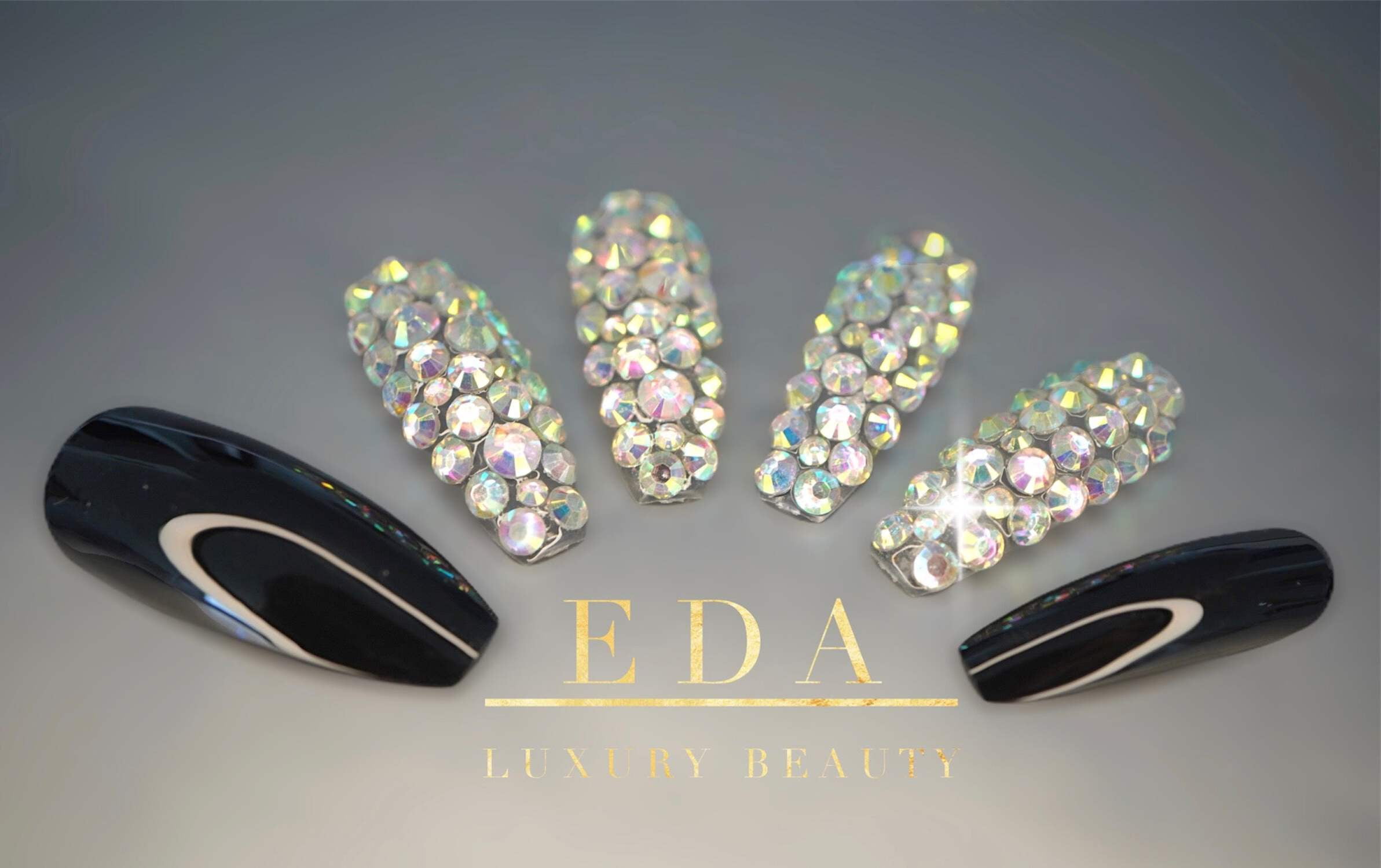 Black 3D Crystal Press On Nails, Extra Long Ballerina Rhinestones Fake Nails Set, Sparkle Night