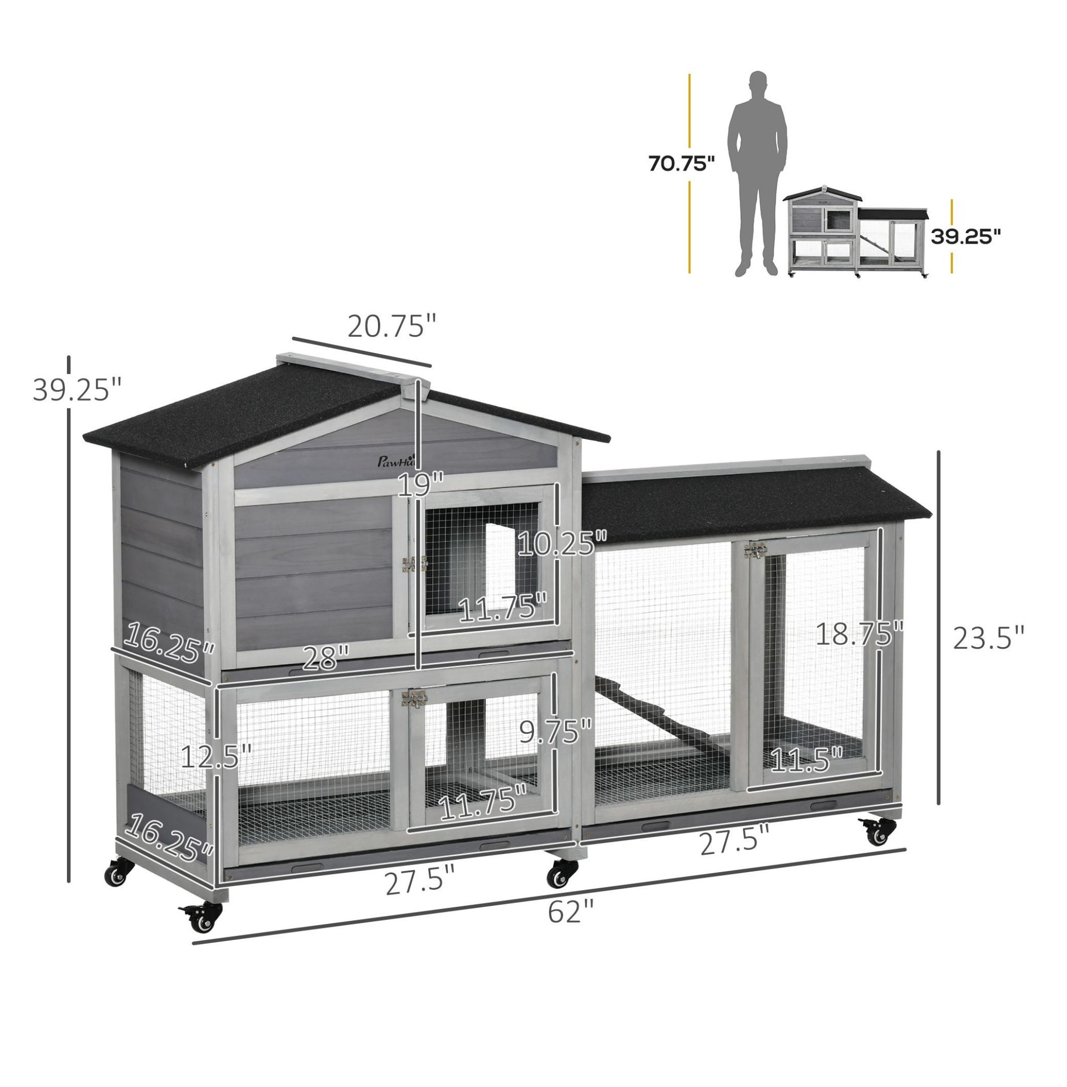 Wooden Rabbit Hutch 62" with Wheels Light Gray Bunny Cage Pet Playhouse Indoor Outdoor