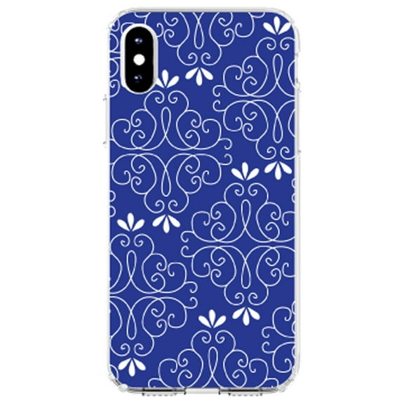 DistinctInk Clear Shockproof Hybrid Case for iPhone XS Max (6.5" Screen) - TPU Bumper, Acrylic Back, Tempered Glass Screen Protector - Dark Blue White Floral