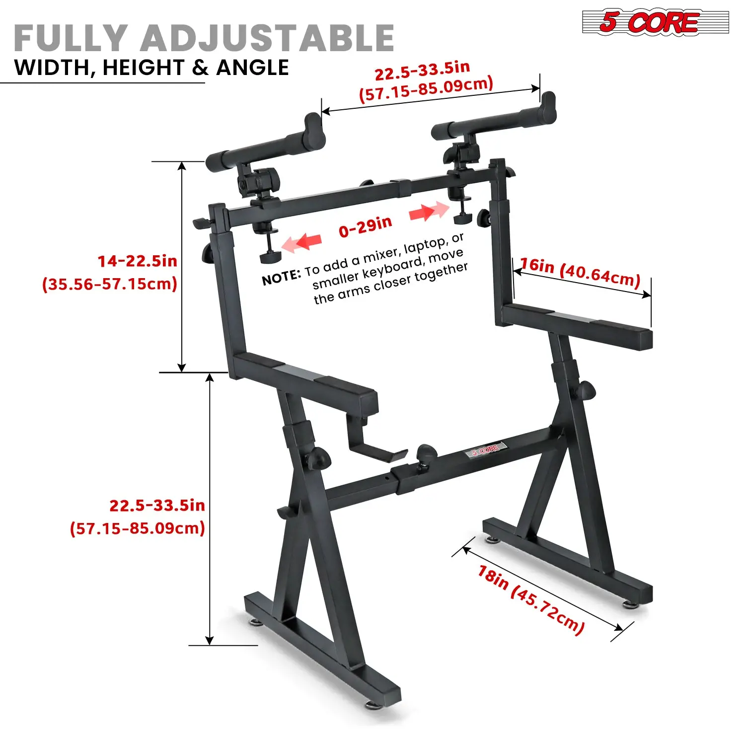 5 CORE Adjustable 2-Tier Keyboard Stand, Z-Style, Heavy Duty, Foldable, For 54-88 Key Instruments