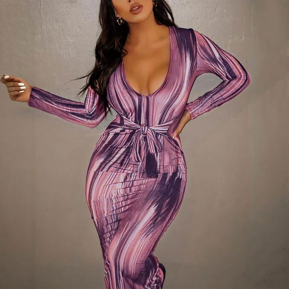 Njoeus Bodycon Dresses for Women Pencil Party Club Night Out Midi Sheath Dress Long Sleeve Striped Long Maxi Dress with Belt