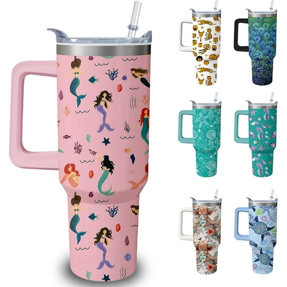 40oz Mermaid Tumbler with Handle and Straw, Animal Lovers Gifts for Women, Stainless Steel Travel Mug Water Bottle, Vacuum Insulated Cup with Lid