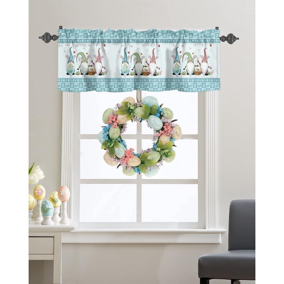 Curtain Valance for Kitchen Window Easter Bunny Ear Gnome Rod Pocket Short Curtain Panels Spring Blue Easter Eggs Rabbit Check Window Valance Curtains, Plaid Treatments Drapes for Living Room Bedroom