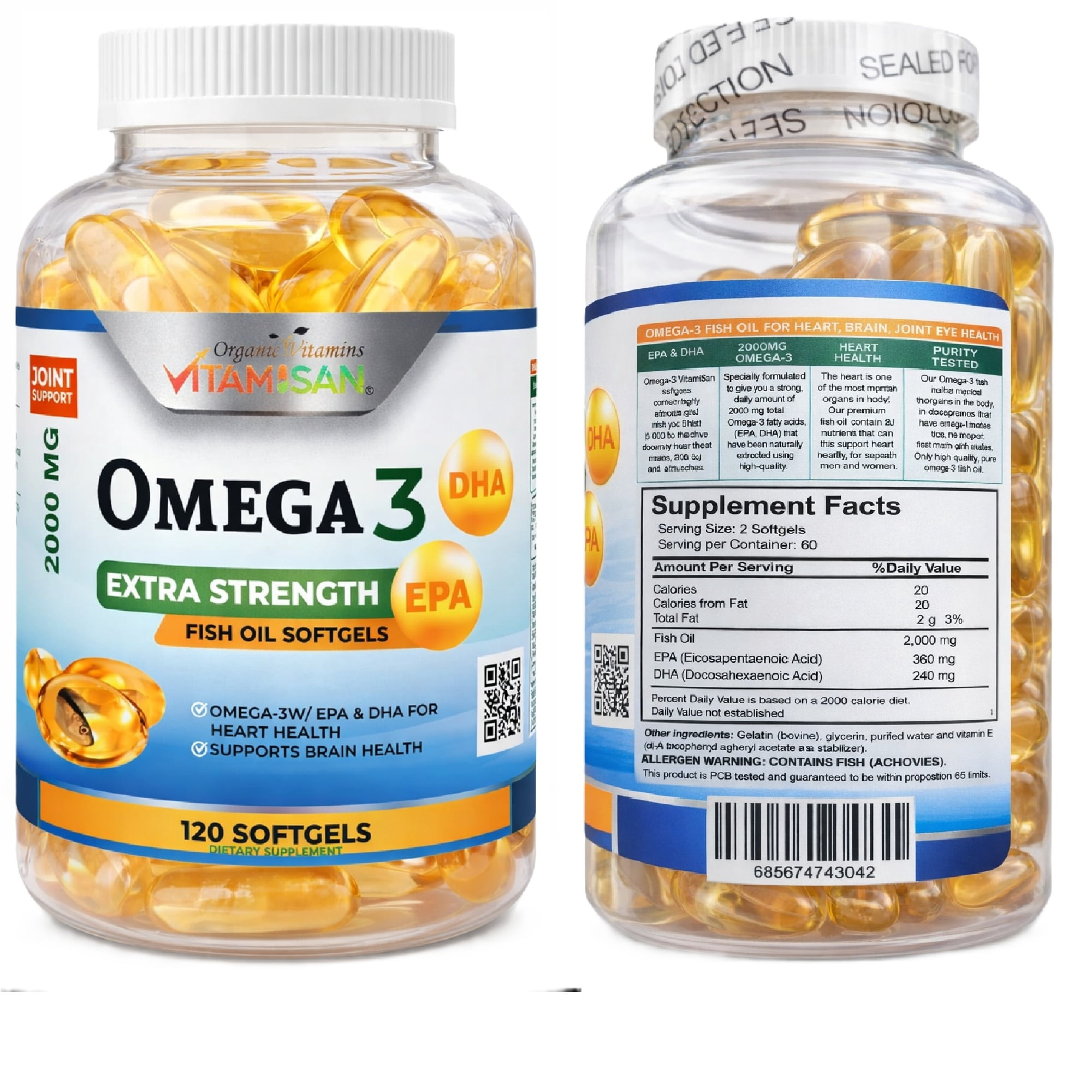 Vitamisan Omega 3 Fish Oil 2000 mg – 120 Softgels – EPA & DHA Support – Heart, Brain & Joint Health – Extra Strength Fish Oil Supplement