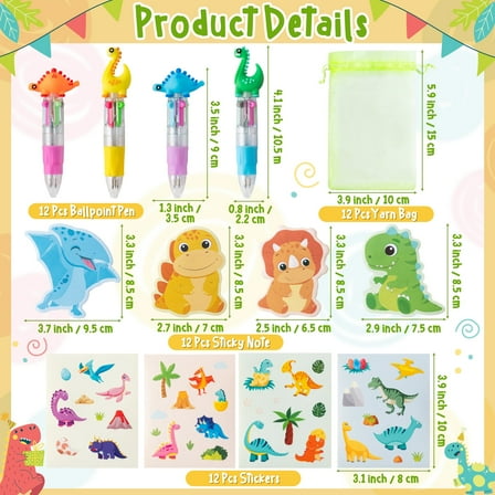 Belanttega Dinosaur Stationery Party Gift Party Goodie Bag Fillers 12 pcs Pens Stationery Set Multi-colored Pen, Sticker Set, Mini Gift Bags for Dino Theme Party Guest Gift