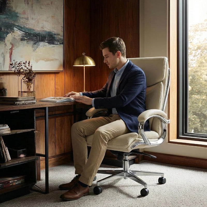 COLAMY High Back Executive Office Chair, PU Leather Computer Desk Chair with Extra Thick Padded Seat Cushion, Quiet Rubber Rolling Casters and Adjustable Tilt Tension for Home Workspace,Beige