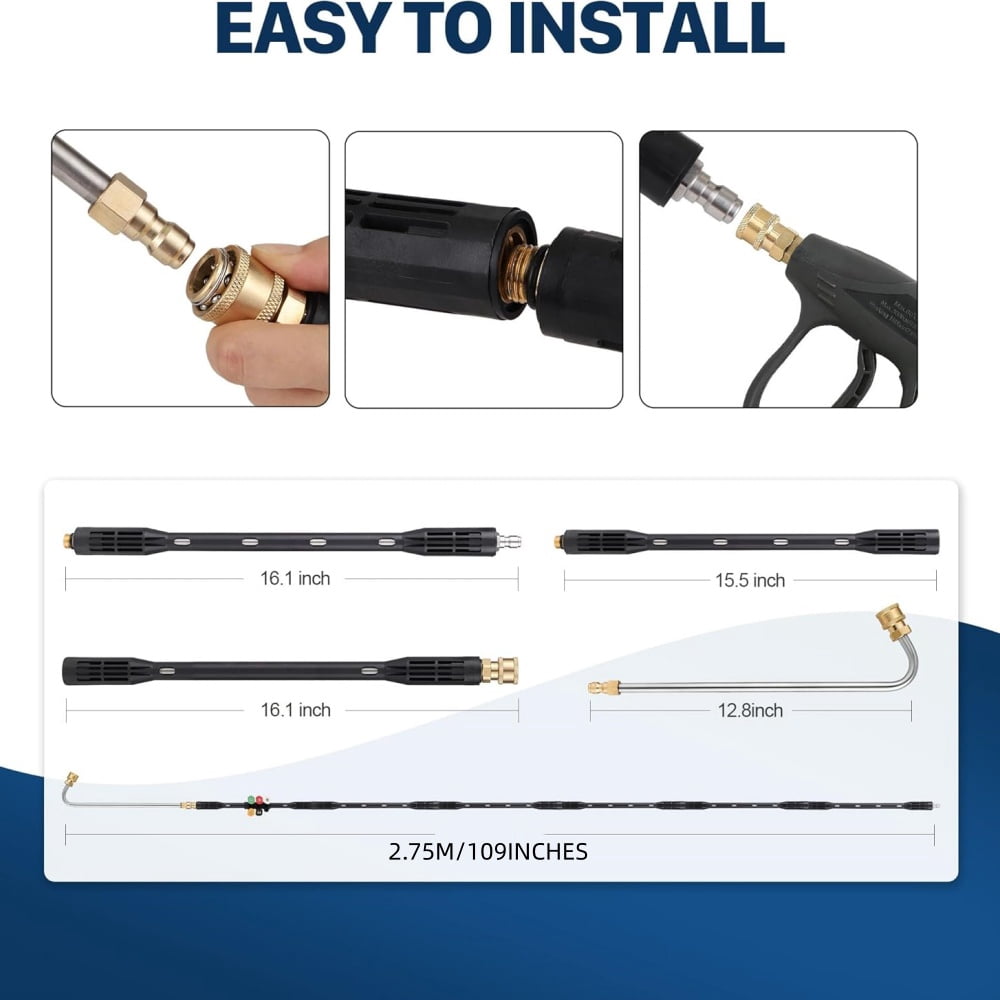 INTELIVE 109inch Pressure Washer Extension Attachment Wand Set with 6 Straight Rods and 1 Gutter Cleaning Curved Rod, Quick Connect with 6 Nozzle Tips for Roof Drainage Ditch, Exterior Walls
