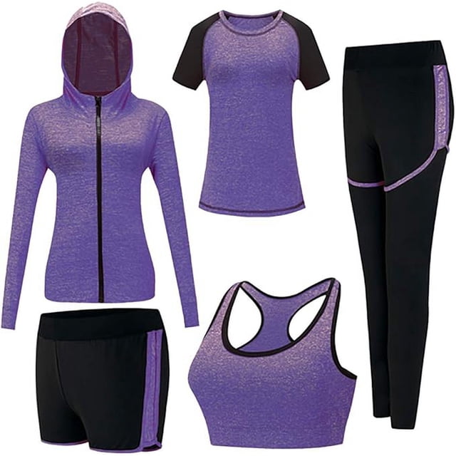 Conjuntos de chándal para mujer, conjunto deportivo suave y cómodo de secado rápido para correr, trotar, gimnasio, entrenamiento, conjunto de 5 piezas: sujetador deportivo, camiseta, abrigo y 2 p