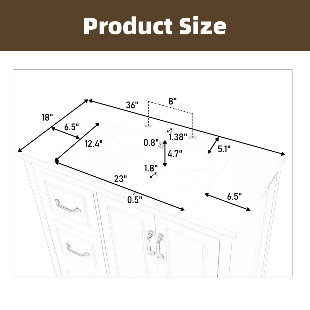 MIDOQIN 36" Bathroom Vanity with Sink, Free Standing Single Basin Vanity Set with Solid Frame & Four Drawer, Wooden Bathroom Cabinet with Ceramic Basin