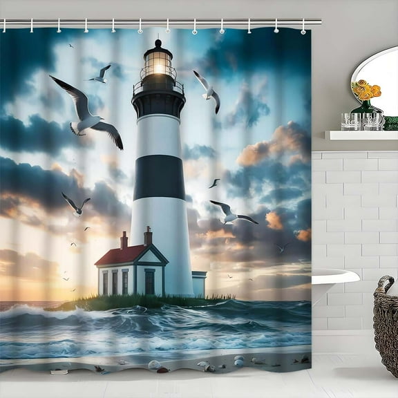 Jbralid Lighthouse and Seagulls Polyester Shower Curtain for Home Bathroom Bath Tub Decoration 72x72 inch