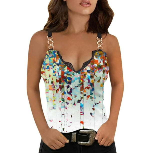 Blusa sin mangas con cuello en V para mujer a la moda Cami Camiseta con estampado Camis Tops Fridja qr5363