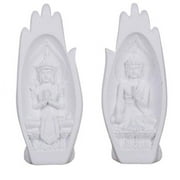 Thai Decor Resin Zen Buddha Hand Sculpture with 2 Artistic Peaceful Buddha Statues Poses in Palms, 1 Pair (White)