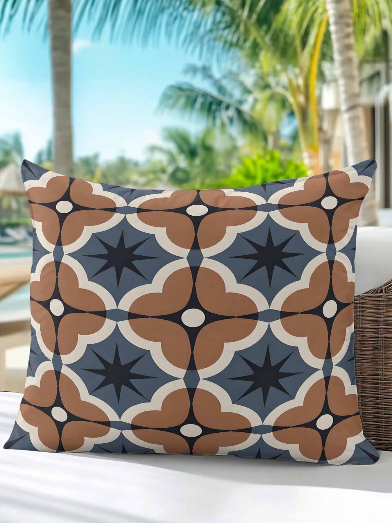 1 Pack Outdoor Pillows Waterproof, Blue Brown Flowers Indoor/Outdoor Throw Pillows with Inserts, Farmhouse Boho Geometric Floral Decorative Pillow for Patio Furniture Chairs Couch