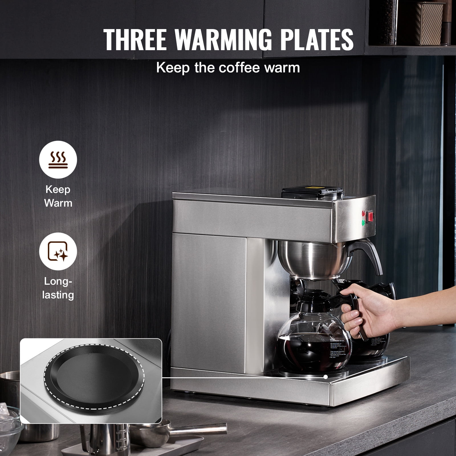 KFFKFF 12-Cup Industrial Coffee Brewer, Coffee Brewing Device with Trio of Glass Jugs and Warming Trays, Stainless Steel Manual Water Input Coffee Maker, Ideal for Cafes, Offices, and Eateries