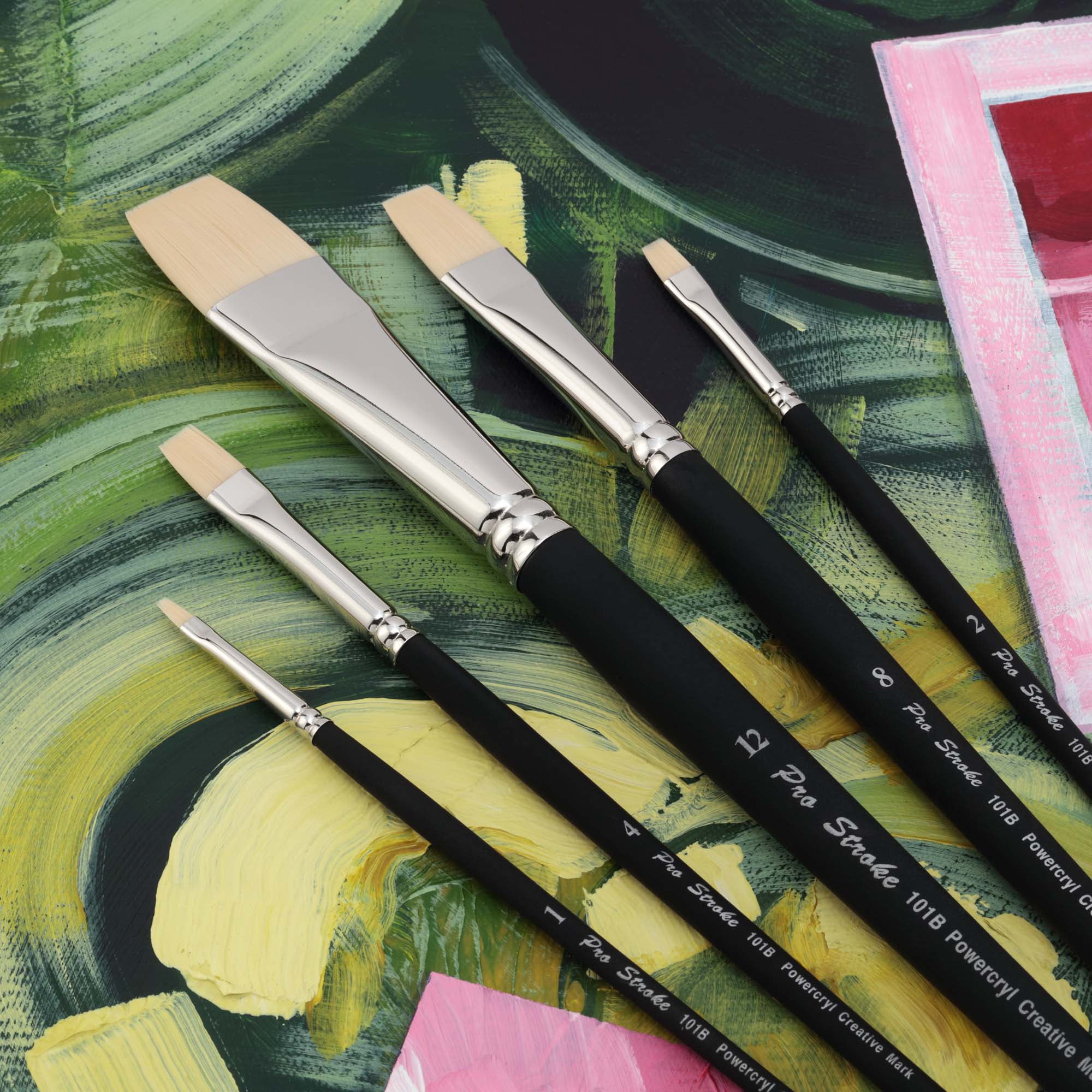 Creative Mark Pro-Stroke Powercryl Acrylic Paint Brushes - Brights Value Set of 5, Synthetic Paint Brushes for Artists, Seamless Nickel-Plated Ferrules, Matte Black Wooden Handle, Soft-Touch Grip