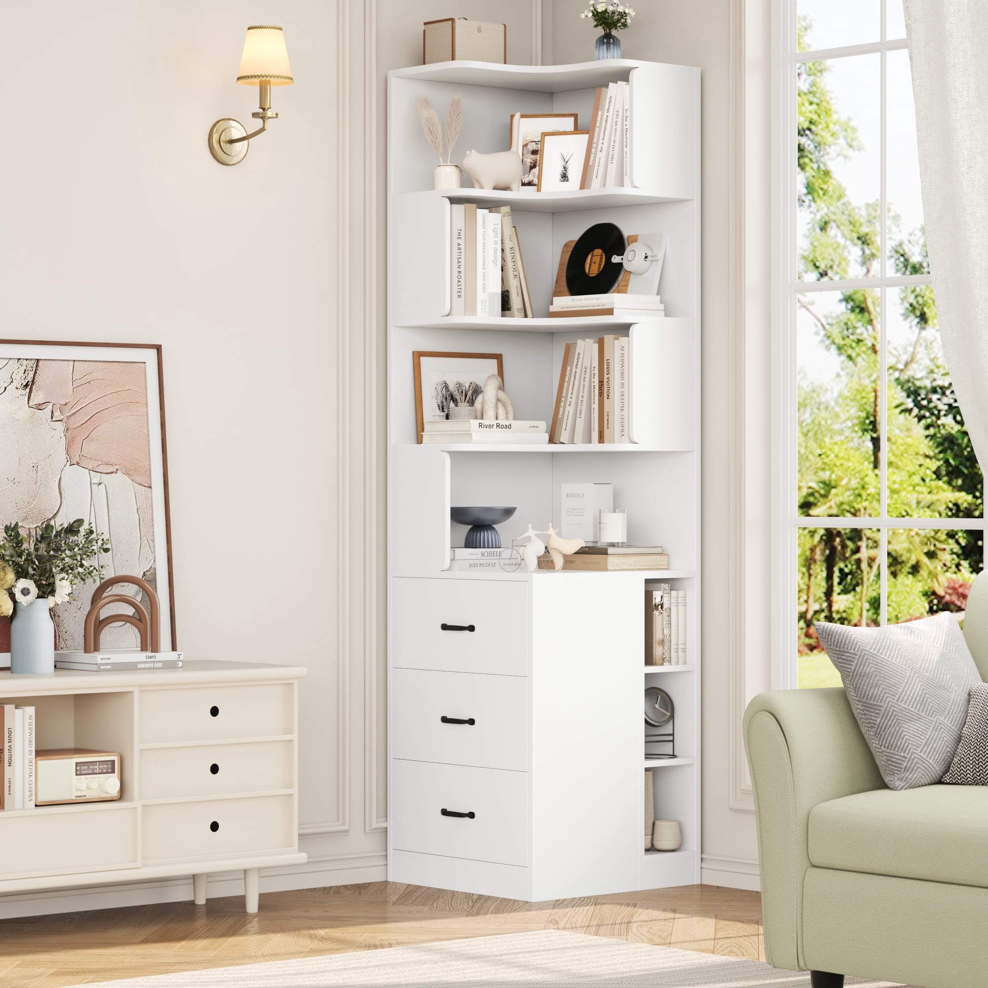 Hiphuta 77"Tall L-Shaped Corner Bookshelf with Drawers and Side Storage, Modern Wood Bookcase with 4-Tier Display Shelves Storage Cabinet for Living Room Home Office , White