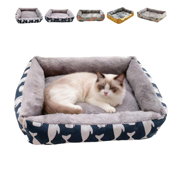 Rectangle Bolster Calming Cat Bed,Velvet Winter Warm Kennel Cushion 20x16in, Waterproof Anti-Slip All Season Printed Nest for Small Medium Large Dogs Cats,Indoor Cozy Rest Bed,Christmas Pet Gift