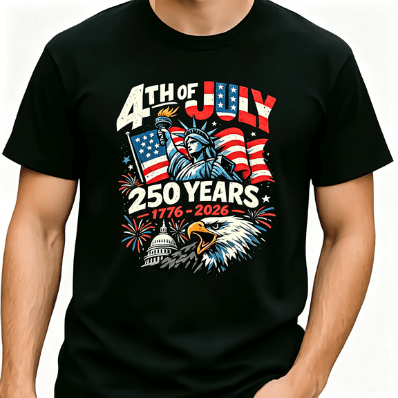 Men's Black "4th of July 250 Years" Patriotic Graphic T-Shirt, Crew Neck Casual Top