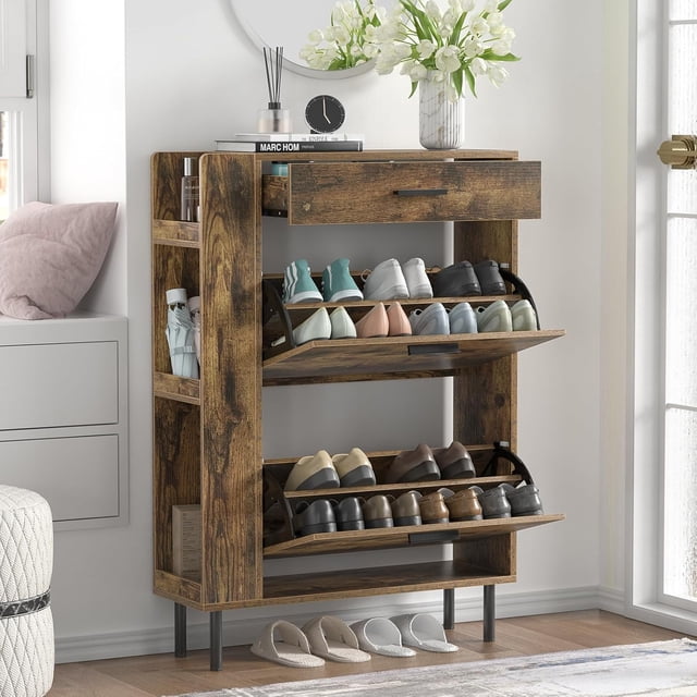 Shoe Cabinet Storage with Flip Drawers Freestanding Shoe Organizer with Metal Legs for Entryway Narrow Shoe Rack Cabinet Hidden Shoe Cabinet for Hallway/Entryway/Living Room