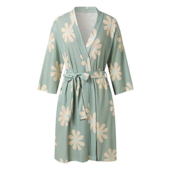 Womens Robe Soft Knit Knee Length with Belt Cozy Bathrobe Floral Print V Neck Green L