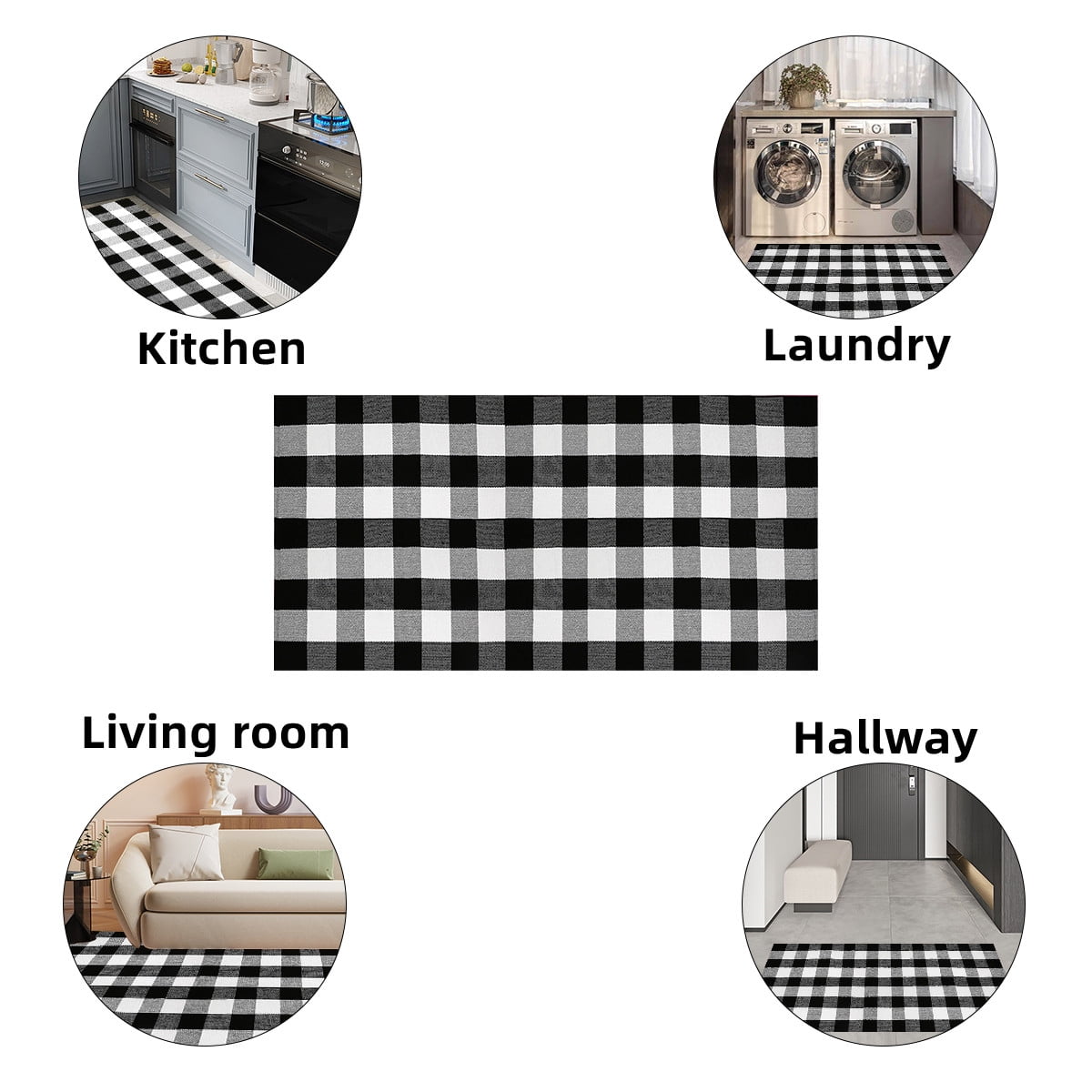Black and White Outdoor Porch Rug, Cotton Indoor Plaid Rug, Washable Doormat for Entryway, 36"x59"