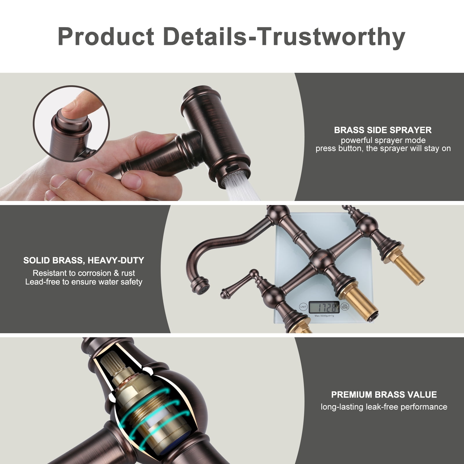 WOWOW Bronze Kitchen Faucet with Side Sprayer, 4 Hole Brass Kitchen Faucets for Sink, 2 Handle 8 Inch Centerset Bridge Faucet Vintage Farmhouse Copper Kitchen Sink Faucets