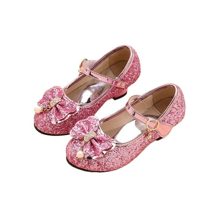 

Woobling Girls Princess Shoes Glitter Mary Jane Sandals Magic Tape Dance Shoe School Chunky Sandal Breathable Dress Pumps Ankle Strap Lightweight Pink 12C