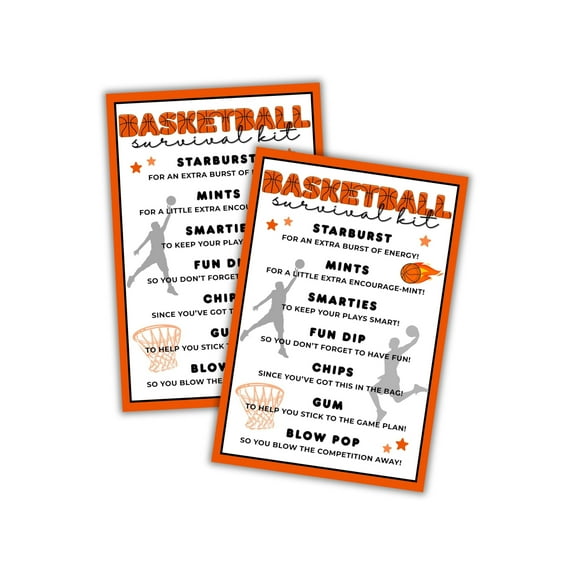 Boys Basketball Team Survival Kit Cards 30pk 4x6 List Tag Labels Emergency Welcome Back Travel Printables for Coaches Ball Players Goodie Bag