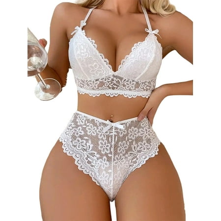 

JustVH Women Sexy Ruffles Underwear Suits Unlined Wireless Bra Set