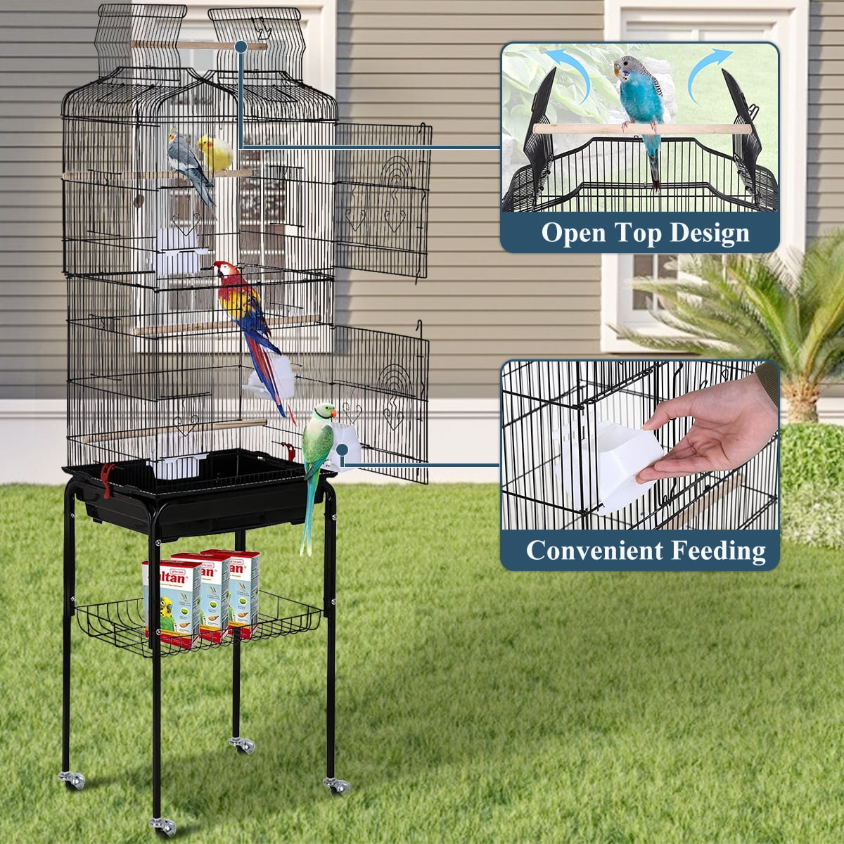 Dkeli Bird Cage with Stand Parrot Cages for Large Birds Parakeet Cage with Play Top & Rolling Stand for Medium Canaries, Lovebirds, Cockatiels, Parrots
