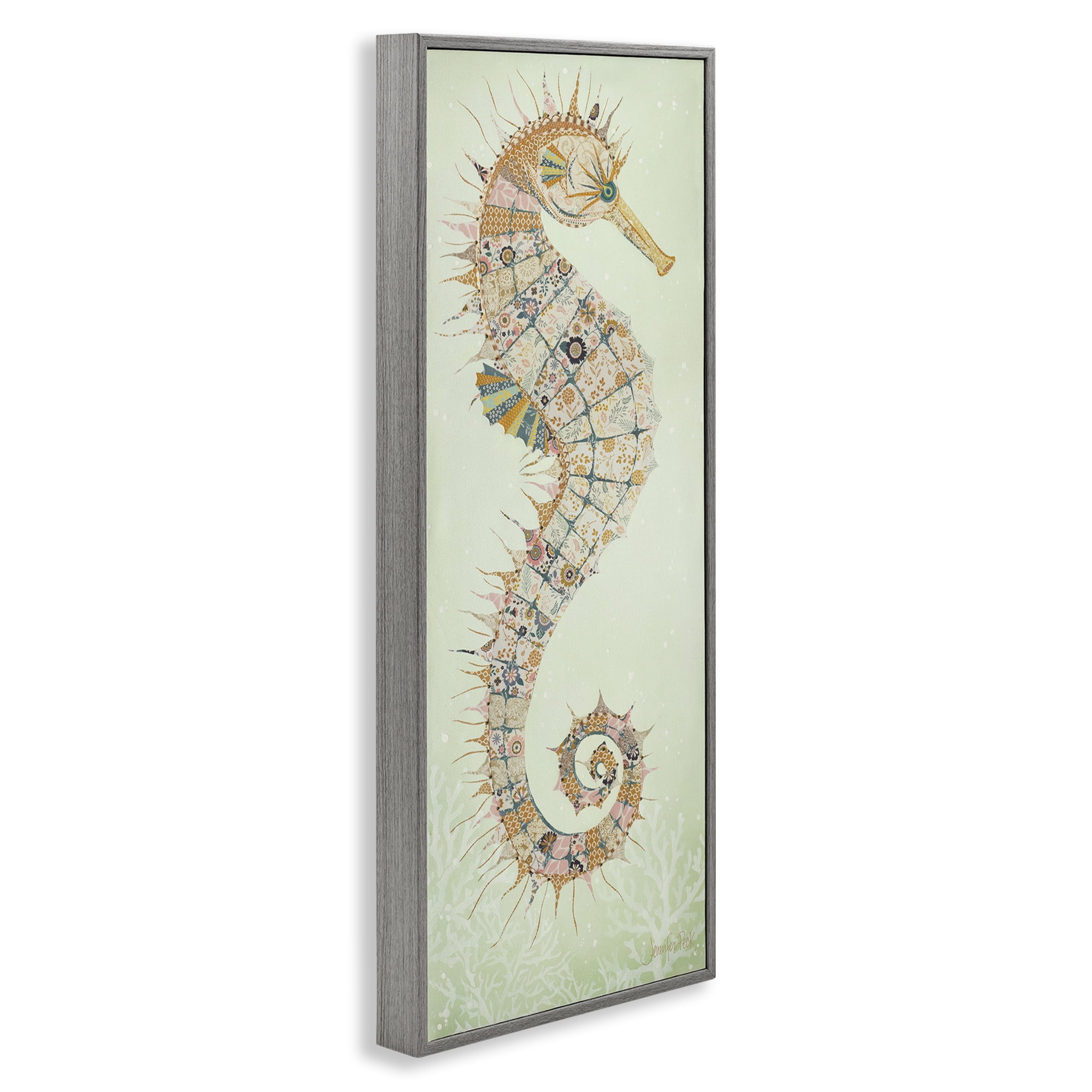 Stupell Industries Patterned Spikey Seahorse Animals & Insects Painting Gray Framed Art Print Wall Art, 10 x 24