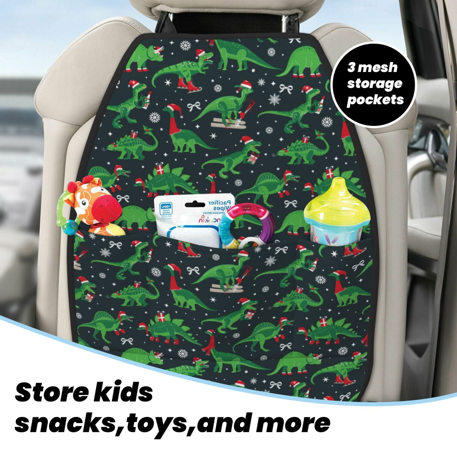 Kdxio Dino Christmas Party Print 2 Pack Car Kick Mat Seat Cover Back Protector Mat with Pockets for Organizer Backseat Protector and Storage Anti Kick Pad for Vehicles