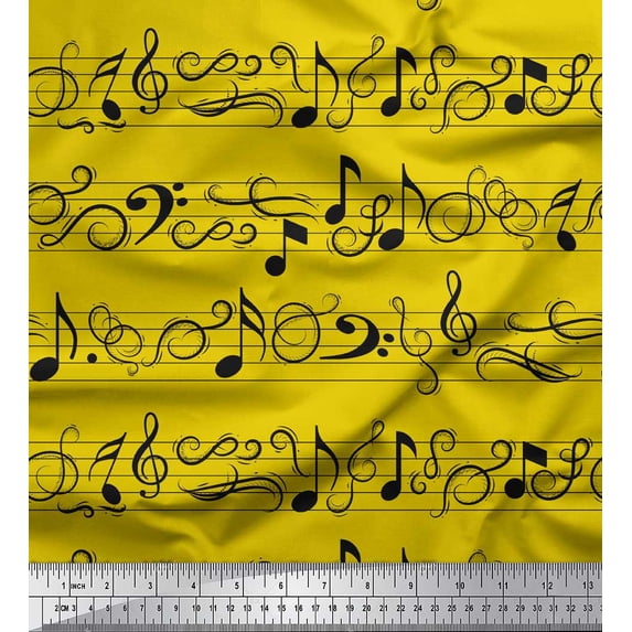 Soimoi Yellow Japan Crepe Satin Fabric Notes Musical Instrument Print Fabric by the Yard 42 Inch Wide